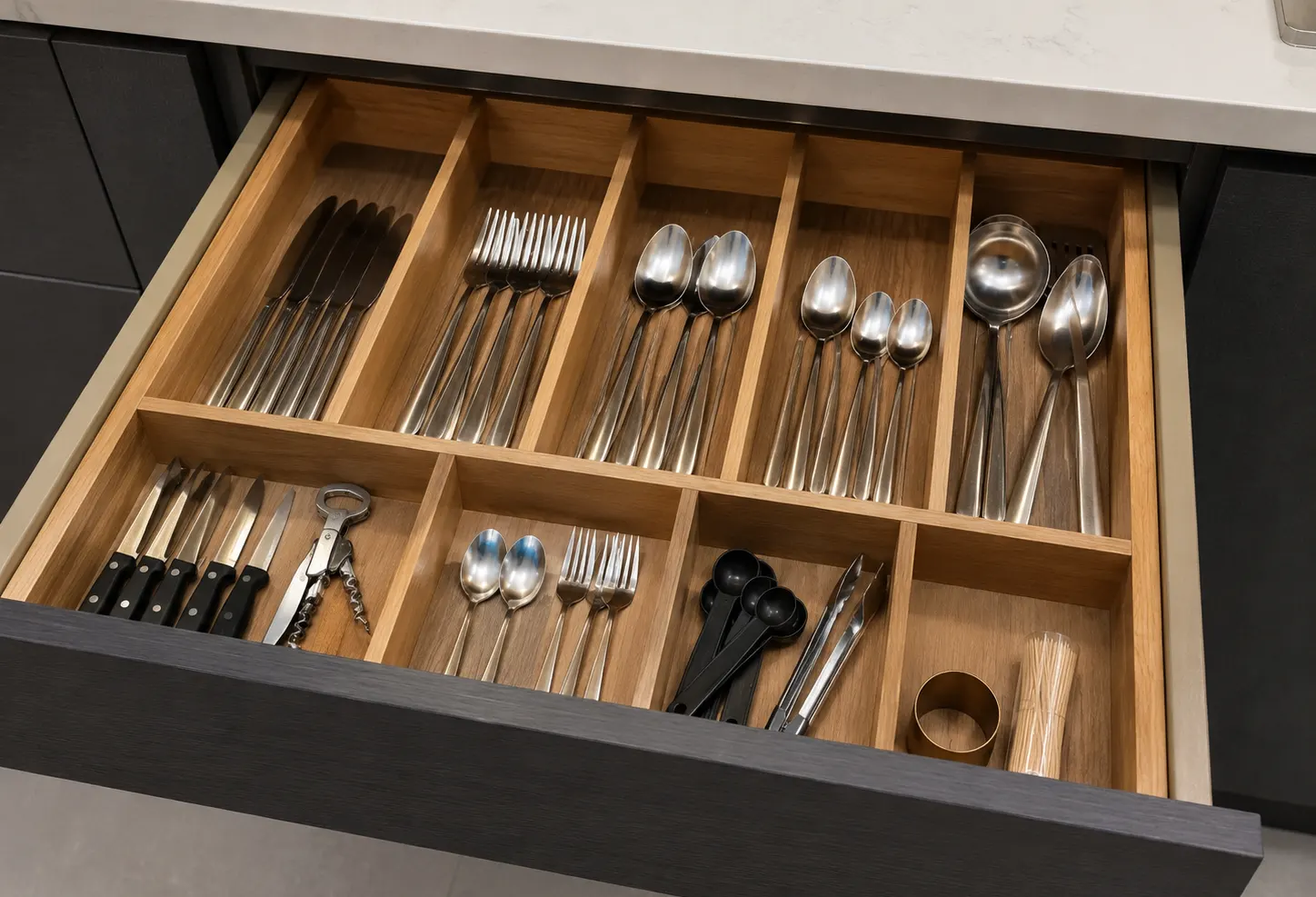 cajón de cocina con separadores de cubiertos