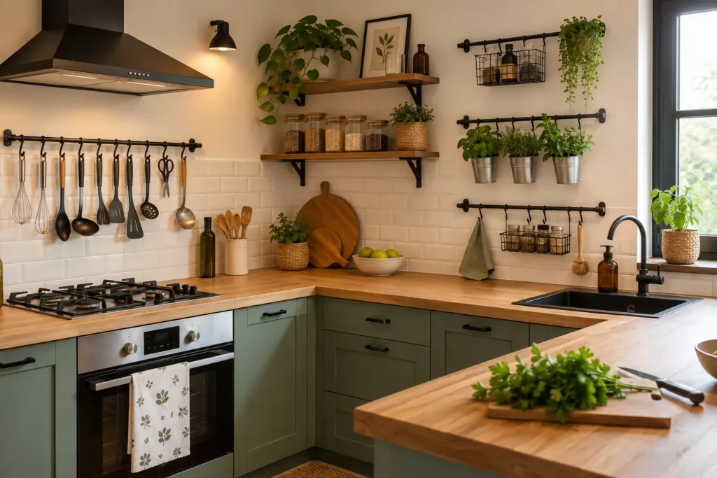 ganchos y barras en cocina aprovecha el espacio