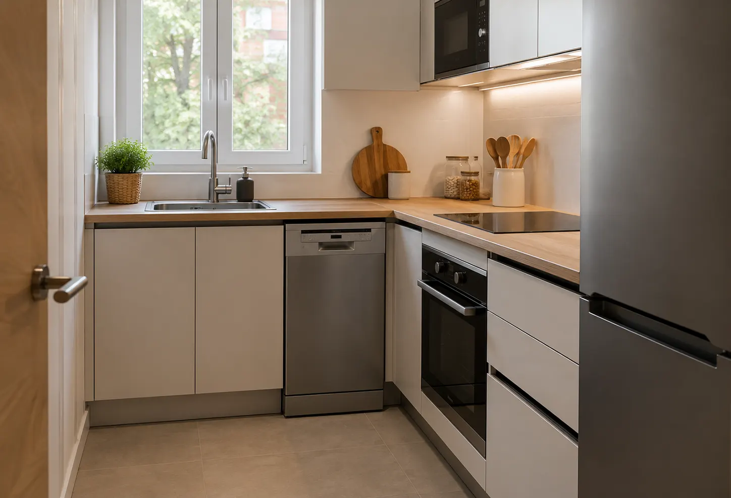 cocina con lavavajillas compacto