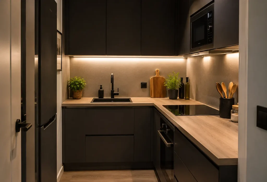 cocina pequeña con iluminación bajo muebles