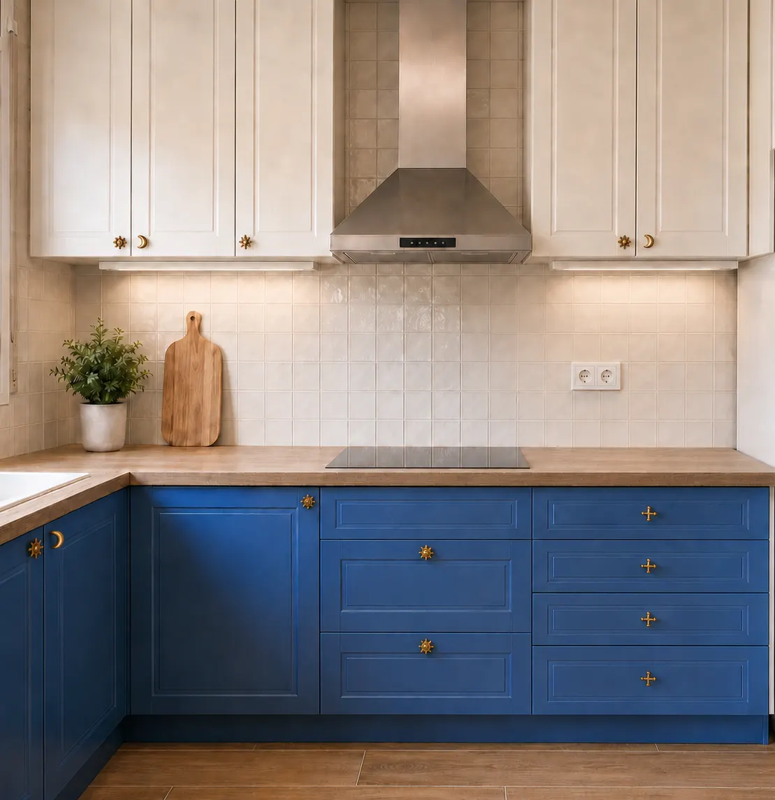 cocina azul y blanca con tiradores de diseño