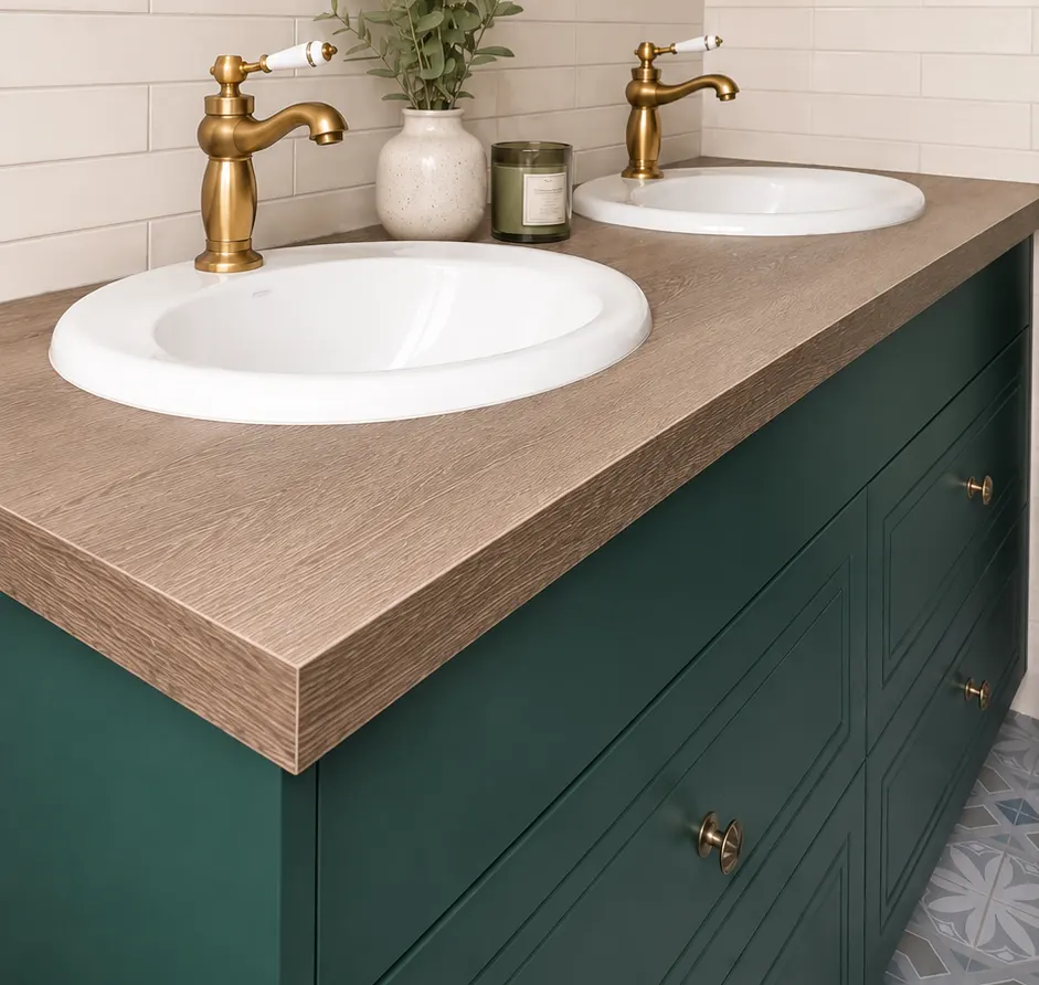 detalle encimera mueble baño verde a medida